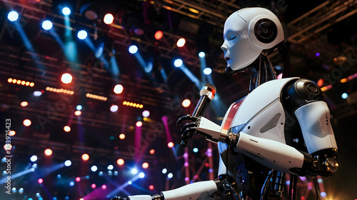 A candid photo of a humanoid robot performing singing on a concert stage with a realistic concert scene showcasing the advanced technology and innovation in entertainment