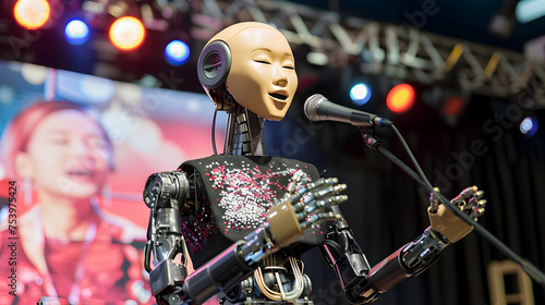 A robot performing on stage at a music festival with facial expression