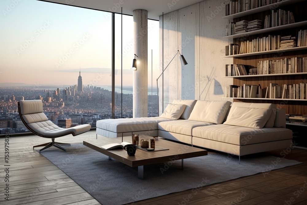 Fototapeta premium Minimalist Chic Urban Loft Living Room Concepts with City View: Stylish Furniture Inspiration