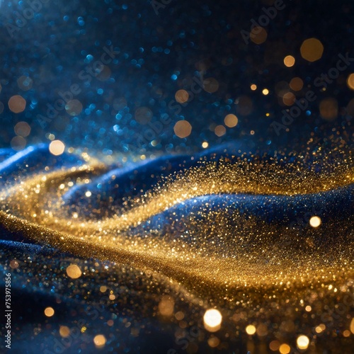 Close-up studio Golden light shine particles bokeh on navy blue background, abstract background with Dark blue and gold particle,  space for text background, christmas background with snowflakes