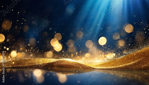 studio Golden light shine particles bokeh on navy blue background, abstract background with Dark blue and gold particle, space for text background, sky with stars and clouds