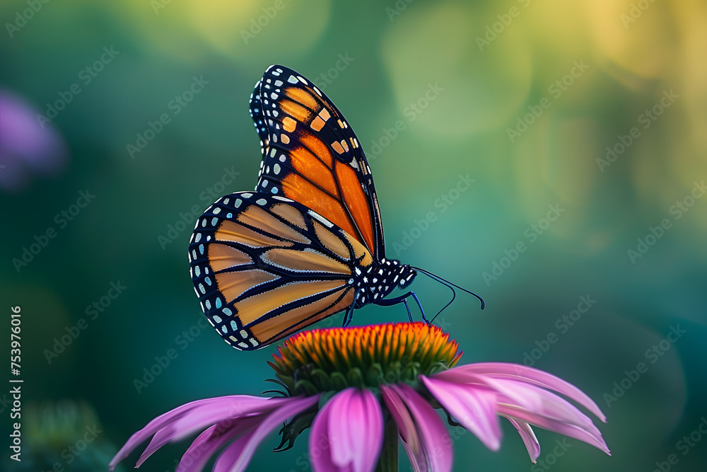 Fototapeta premium photorealistic monarch butterfly on a purple coneflower f/5.6 sunny day blurred green background