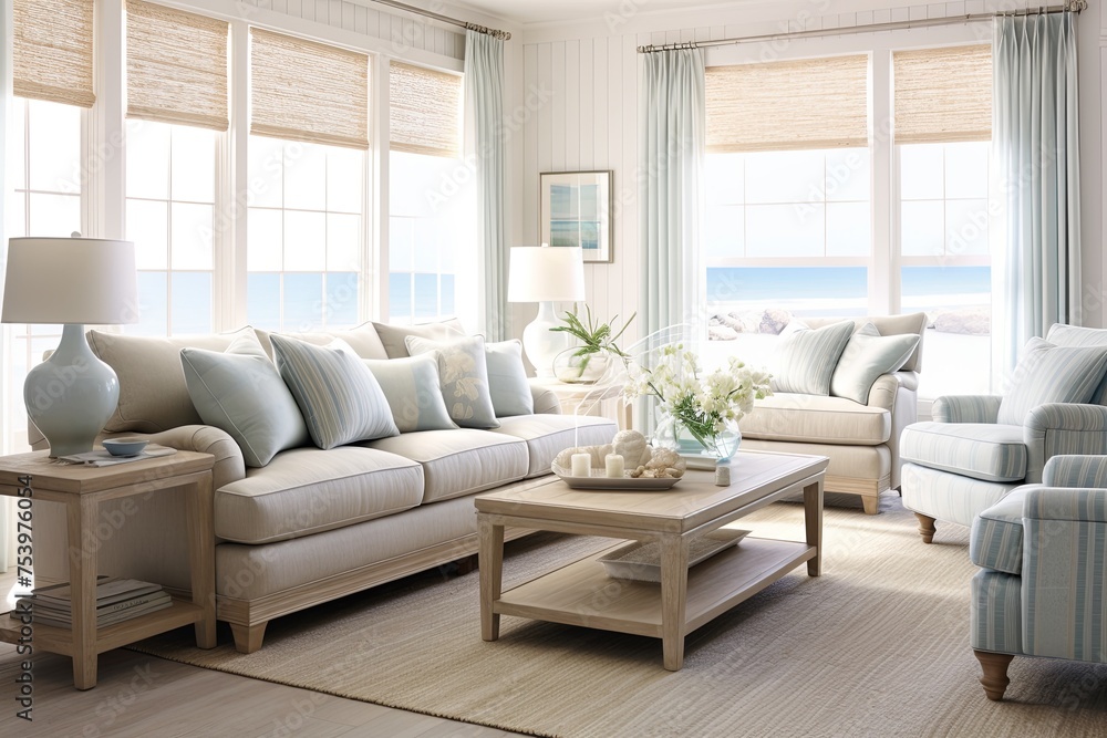 Fototapeta premium Coastal Grandmother Style Living Room Decor Featuring Airy Window Treatments