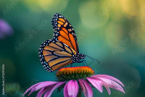 photorealistic monarch butterfly on a purple coneflower f/5.6 sunny day blurred green background