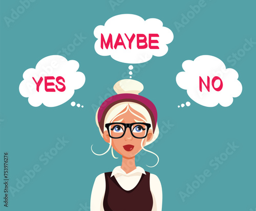 Young Woman Thinking Yes, Maybe, No Answers Vector Character. Confused businesswoman feeling unsure of what to chose 
