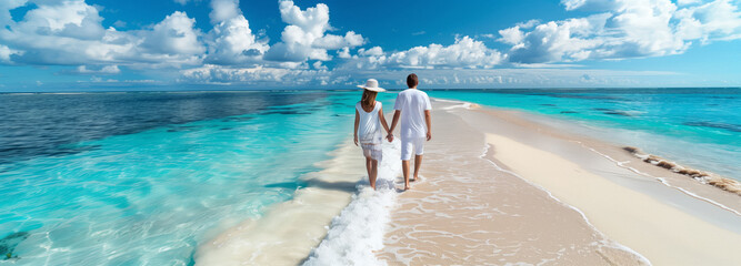 Banner of A young couple enjoys their summer vacation walking along a tropical beach on a sunny day on white sand,adventurous spirit to travel. copy space