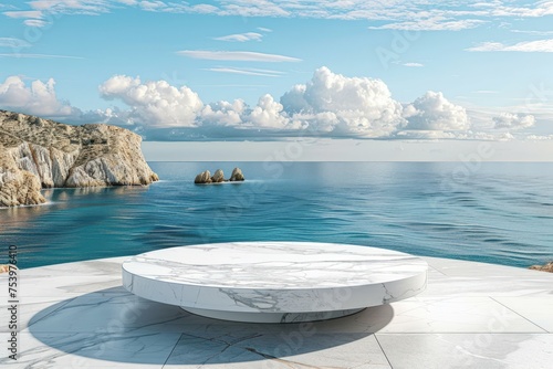 White marble podium with expansive ocean views. Generate AI image