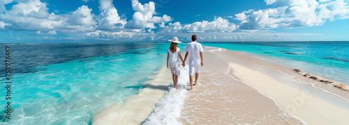 Banner of A young couple enjoys their summer vacation walking along a tropical beach on a sunny day on white sand,adventurous spirit to travel. copy space photo