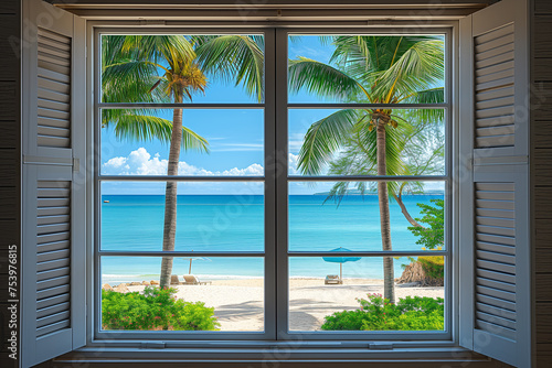 Wooden window with view on tropical sea beach.