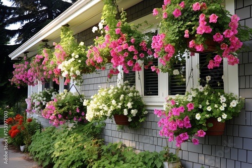 Hanging Basket Bliss: Colorful Blooms for Your Cottage Style Garden Patio. © Michael