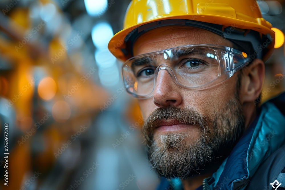 Close-up of a focused male industrial worker wearing safety helmet and protective goggles at a manufacturing plant Close-up of a focused male industrial worker wearing safety helmet and protective goggles at a manufacturing plant