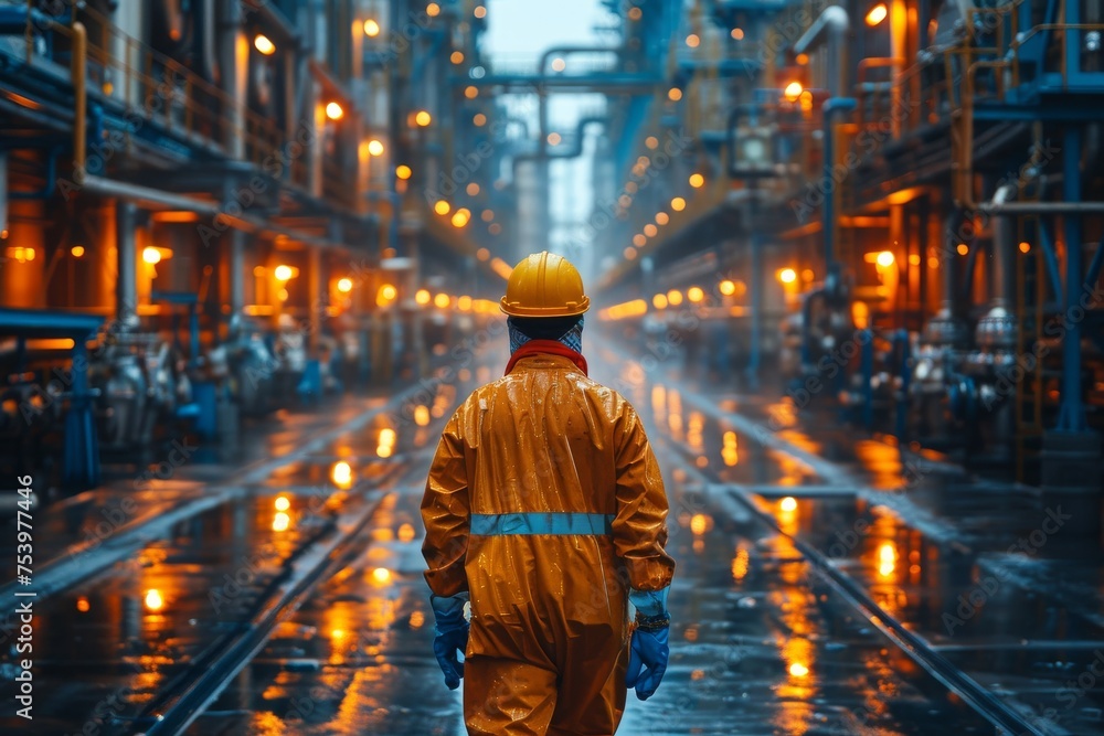 The worker wears a high-visibility outfit, standing alone in a vast, illuminated industrial setting at dusk The worker wears a high-visibility outfit, standing alone in a vast, illuminated industrial setting at dusk