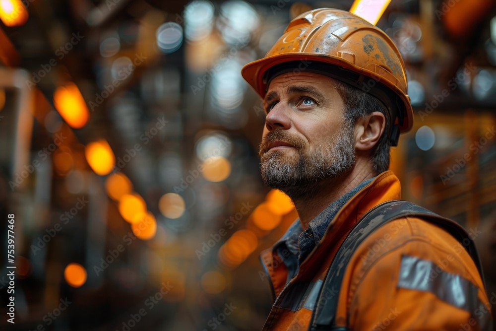 Imaginative industrial worker in protective gear with a reflective expression in a factory Imaginative industrial worker in protective gear with a reflective expression in a factory