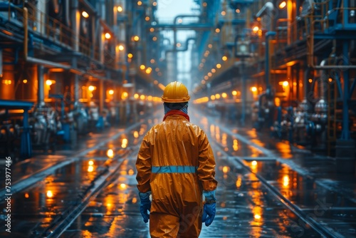 The worker wears a high-visibility outfit  standing alone in a vast  illuminated industrial setting at dusk