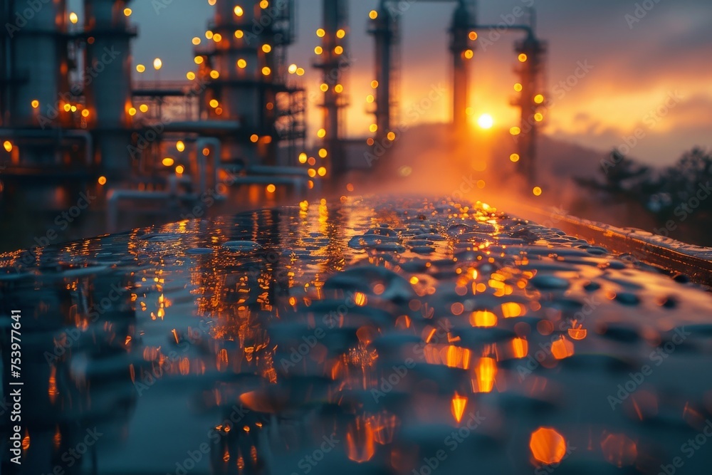 Sunset reflects off countless raindrops on a glossy metallic industrial surface creating a beautiful, abstract look