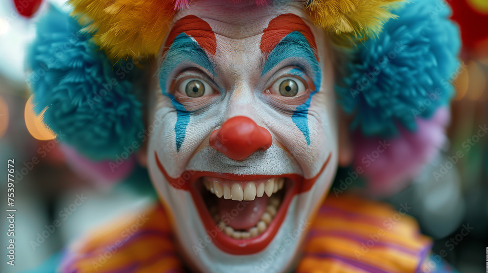 Expressive facial expression of a clown. Face painting and colorful wig. Funny clown making people laugh.