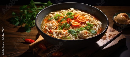 A bowl filled with savory noodles topped with finely chopped carrots and parsley  ready to be enjoyed for breakfast  lunch  or dinner. The delicious soup promises a satisfying meal in every bite.