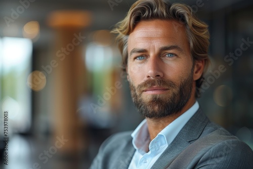 A bearded professional man exudes confidence and sophistication in a modern corporate setting