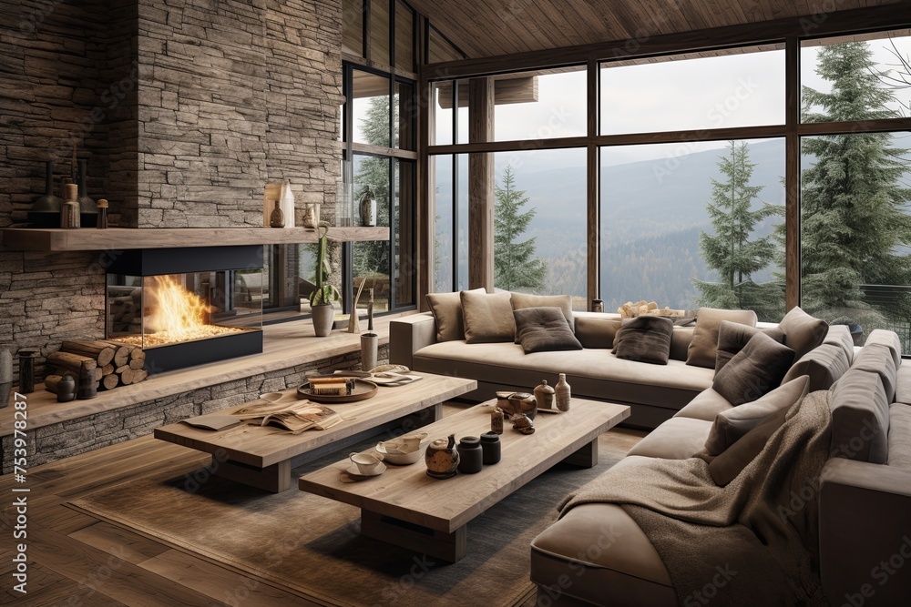 Floor-to-Ceiling Nature-Inspired Cozy Chalet Living Room Ideas