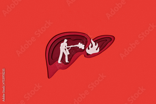 Paper man with extinguisher fighting fire in human liver