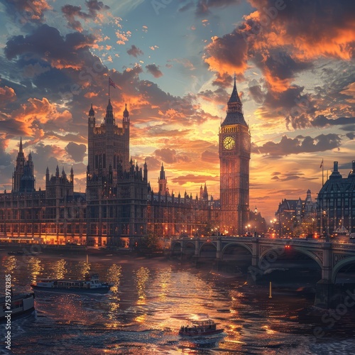 a realistic looking skyline of london with big ben , london bridge