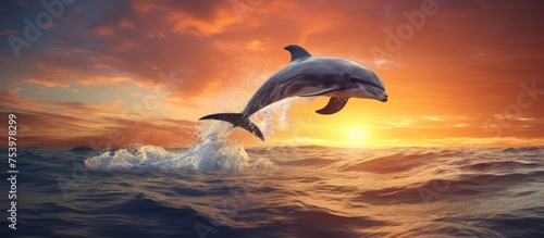 A dolphin leaps out of the water against the setting sun, its sleek body glistening in the golden light. The splash of water and the silhouette of the dolphin create a striking scene. © 2rogan