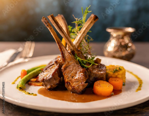 Grilled lamb chops with vegetables on white plate. Restaurant menu. photo