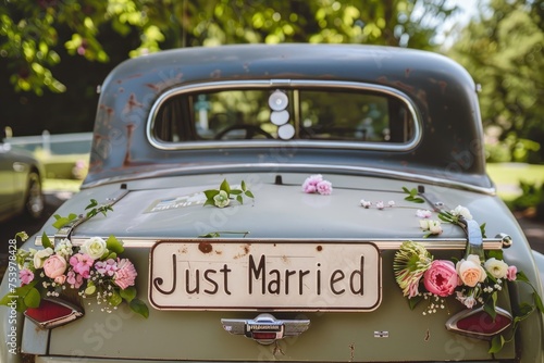 Vintage car with Just Married written in cursive font on number plate. Car decorated with flowers  photo