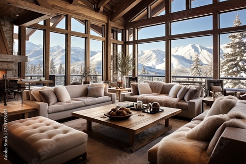 Mountain View Majesty: Cozy Chalet Living Room Ideas with Large Windows © Michael