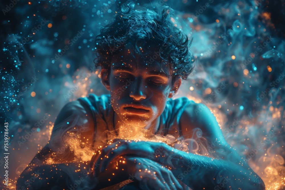 Obraz premium Man engulfed in blue mystic glow, embodying a fantasy or dreamlike atmosphere
