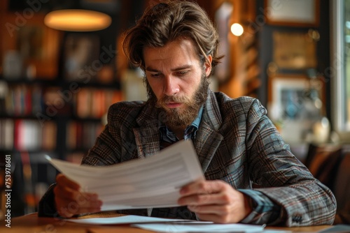 Bearded man scrutinizing paperwork, at a desk with ambient library background