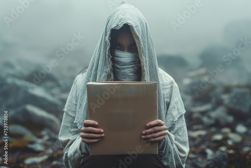 A person in a hooded cloak holding a square canvas covers their face on a misty, rocky terrain, suggesting secrecy or discovery