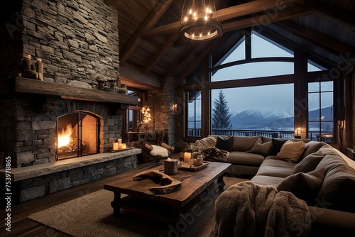Cozy Chalet Living Room  Stacked Stone Fireplace and Wooden Mantle Inspiration