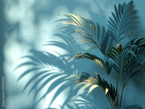 Blurred shadow from palm leaves on the light blue wall. Minimal abstract background for product presentation.