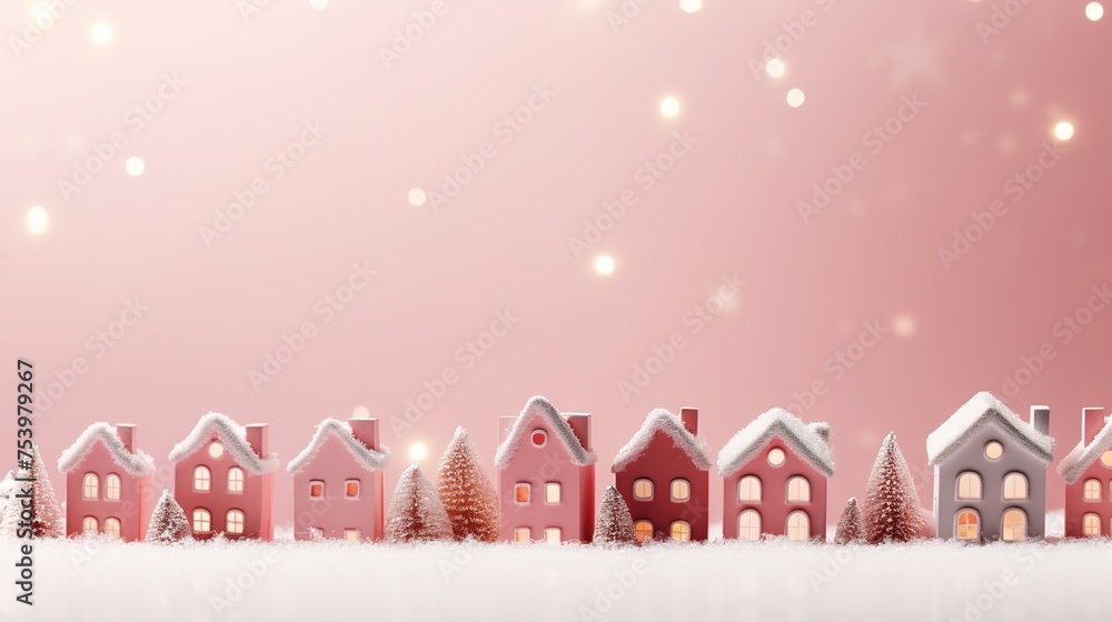 Christmas concept paper model houses with christmas tree on pink background