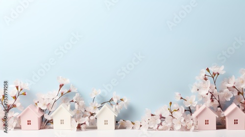 Miniature model houses property estate with cherry blossom flowers background © kraftbunnies