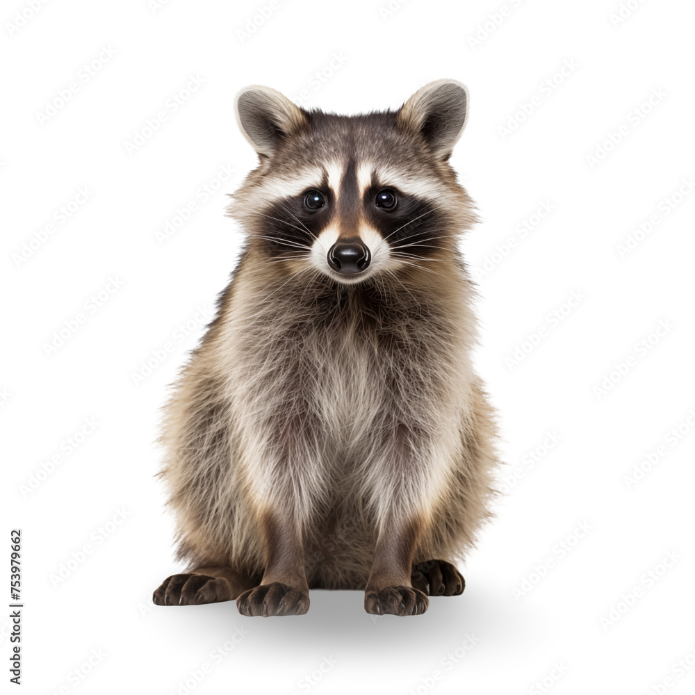 close up of a raccoon isolated on white background