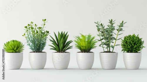 different kind of exotic plants in white pots with clear white background. All in a single row. © H_designs