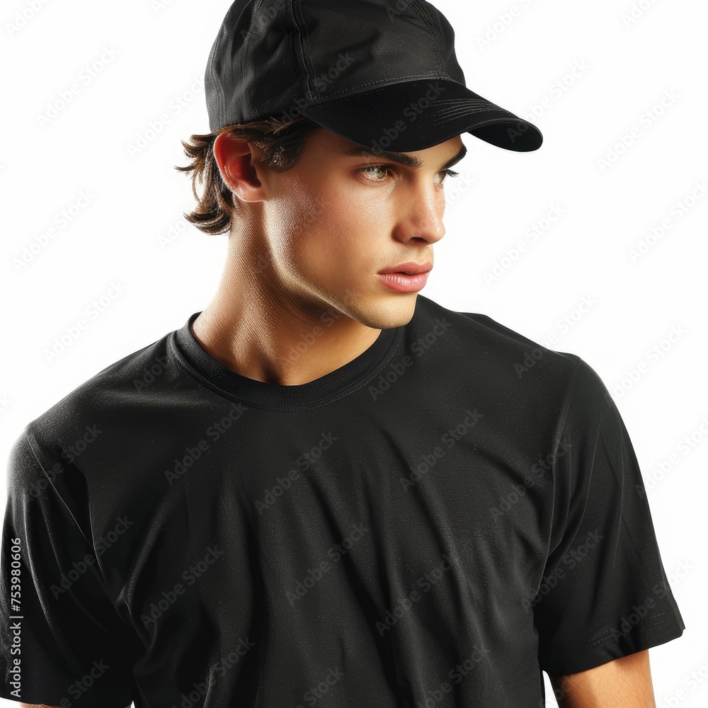 Handsome man wearing blank Black cap and Black t-shirt isolated on white background Handsome man wearing blank Black cap and Black t-shirt isolated on white background