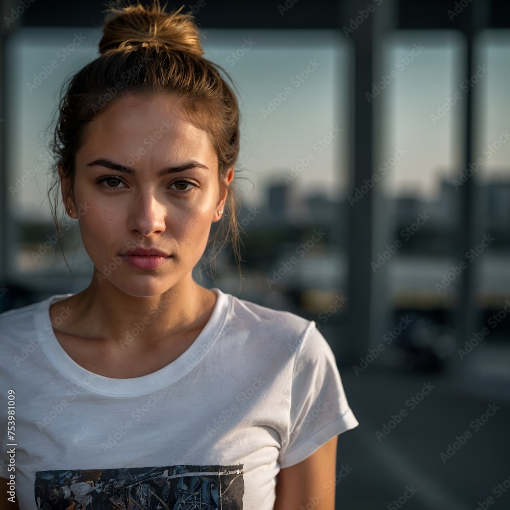 Woman wearing plain white tshirt mock - up closeup view realistic photorealistic Woman wearing plain white tshirt mock - up closeup view realistic photorealistic