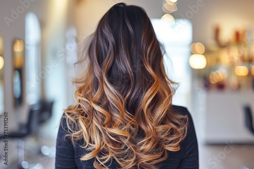 Beautiful hairstyle of young woman after dyeing hair and making highlights in hair salon