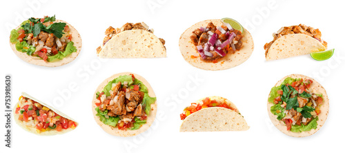 Different delicious tacos isolated on white, set