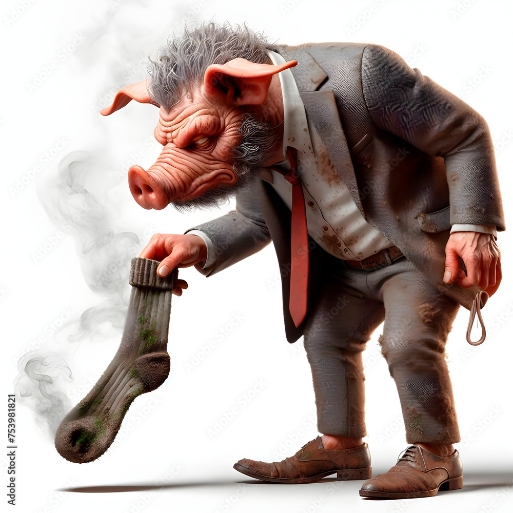 pig character face in suit lowered holding a stinky sock, white ...