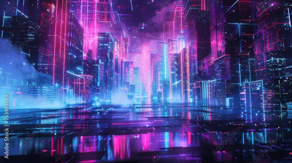 Abstract digital landscape with neon colors and a retro cyberpunk vibe