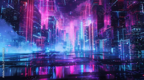 Abstract digital landscape with neon colors and a retro cyberpunk vibe