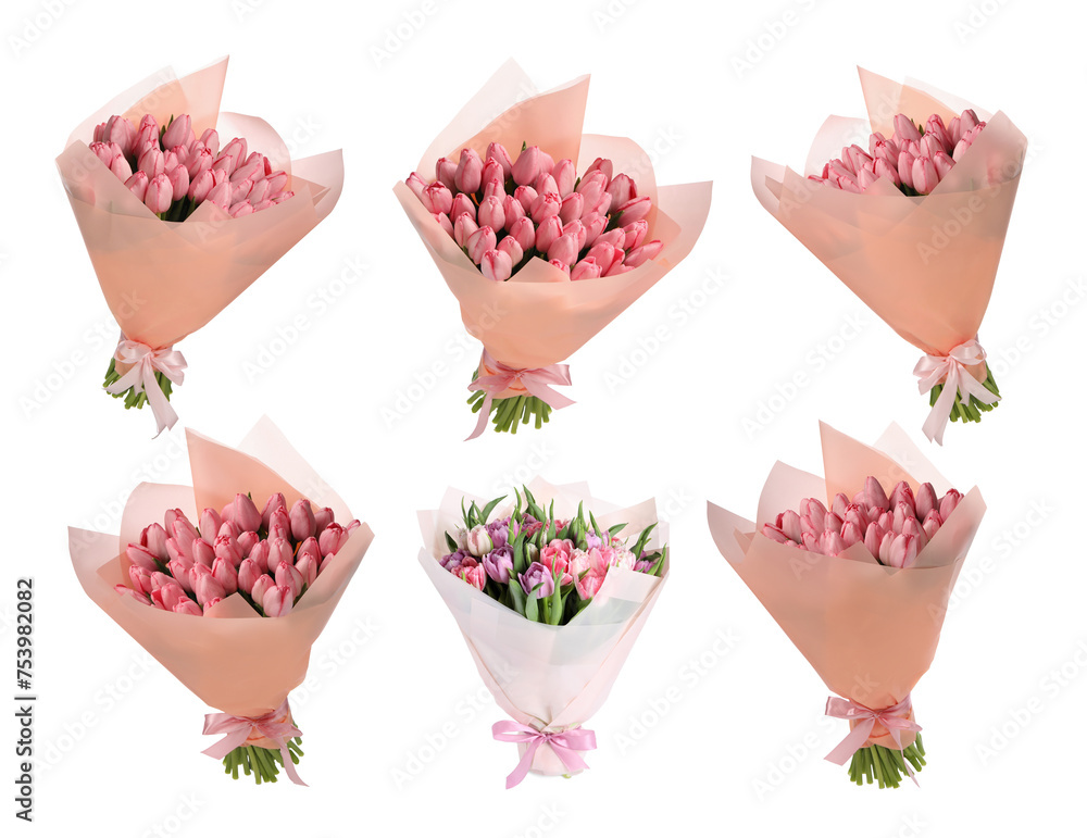 Beautiful bouquets of tulip flowers isolated on white, set Beautiful bouquets of tulip flowers isolated on white, set