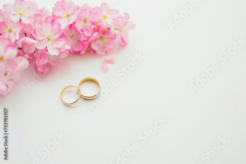 pair of wedding rings with pastel flowers for background image photo