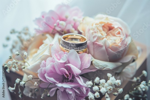 Pink Flowers and two golden wedding rings with clear white background  photo