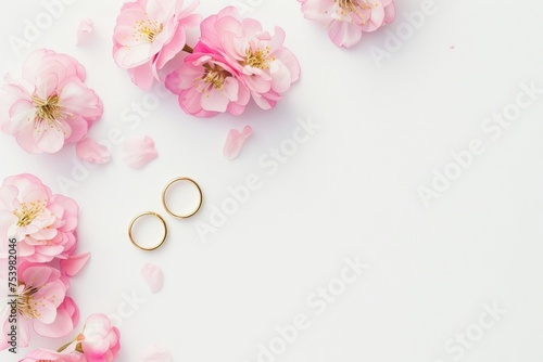 Pink Flowers and two golden wedding rings with clear white background 