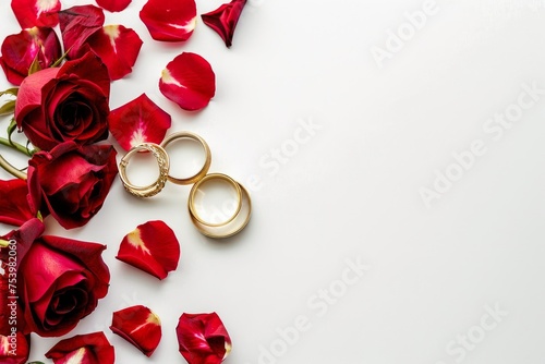 Red Rose Flowers and two golden wedding rings isolated on white background.